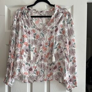 Lucky Brand Floral V-Neck Blouse with Tassels